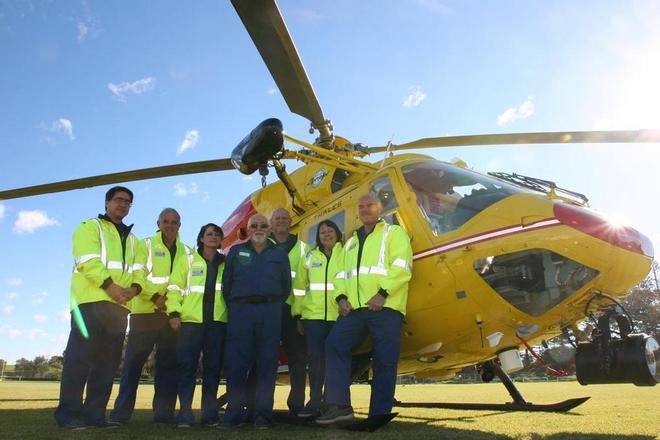 Volunteers from Marine Rescue Merimbula, one of eight participating MNRNSW Units, with Westpac Rescue Helicopter © Marine Rescue NSW http://www.marinerescuensw.com,.au